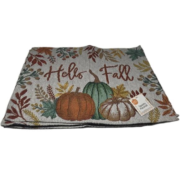Set of 4 HELLO FALL Autumn Placemats Thanksgiving Pumpkins Tapestry Style - Picture 1 of 2
